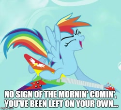 Size: 490x447 | Tagged: safe, derpibooru import, edit, edited screencap, screencap, rainbow dash, pegasus, pony, caption, female, guitar, image macro, mare, meme, singing, solo