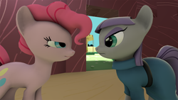 Size: 900x506 | Tagged: safe, maud pie, pinkie pie, earth pony, pony, 3d, eye contact, frown, smirk, smug, source filmmaker