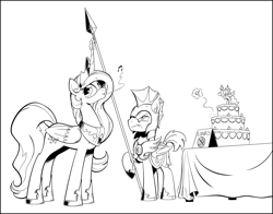 Size: 2100x1650 | Tagged: safe, artist:php104, princess celestia, princess luna, oc, oc:au hasard, bat pony, pony, armor, cake, canterlot castle, cherry, figure, frown, guard, magic, monochrome, night guard, nonchalant, spear, stealing, telekinesis, weapon, whistling, wip