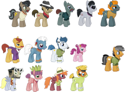 Size: 819x603 | Tagged: safe, biff, carrot bun, derpy hooves, doctor caballeron, heart pacer, love sketch, quibble pants, rogue (character), strawberry parchment, sweet pepper, withers, earth pony, pegasus, pony, unicorn, cardboard box, clothes, cosplay, costume, doctor cardboarderon, fake cutie mark, gameloft, henchmen, lazy fan, pickpocket, scarf, sheet, unnamed pony