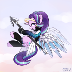 Size: 1500x1500 | Tagged: safe, artist:avonir, starlight glimmer, pony, unicorn, armor, caduceus staff, clothes, crossover, female, flying, mare, mercy, overwatch, signature, smiling, solo, wings