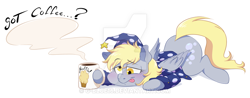 Size: 900x351 | Tagged: safe, artist:g-blue16, part of a set, derpy hooves, pony, blushing, clothes, coffee mug, hat, lidded eyes, messy mane, mug, nightcap, pajamas, prone, simple background, solo, tongue out, watermark