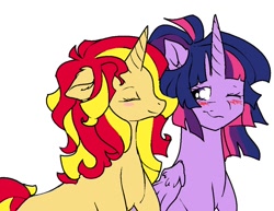 Size: 1018x785 | Tagged: safe, artist:licjbit, sunset shimmer, twilight sparkle, twilight sparkle (alicorn), alicorn, pony, alternate hairstyle, blushing, eyes closed, female, happy, lesbian, one eye closed, shipping, smiling, sunsetsparkle