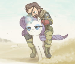 Size: 1376x1183 | Tagged: safe, artist:kimi-the-sioux, rarity, human, pony, unicorn, big boss, camouflage, crossover, d-horse, duo, eyepatch, female, humans riding ponies, konami, magic, male, man, mare, metal gear, metal gear solid, metal gear solid 5, punished snake, rariquest, rarity being dragged to her destiny, riding, venom snake