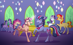 Size: 3400x2100 | Tagged: safe, artist:jackiebloom, rarity, sci-twi, sunset shimmer, twilight sparkle, twilight sparkle (alicorn), oc, oc:anont moonstone, oc:midsummer sun, oc:twilight moonstone, alicorn, pony, unicorn, equestria girls ponified, female, glasses, high res, magic, magical lesbian spawn, mare, offspring, parent:rarity, parent:sunset shimmer, parent:twilight sparkle, parents:rarilight, parents:sunsetsparkle, ponified, self ponidox