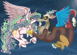 Size: 2677x1904 | Tagged: safe, artist:mario-wolfe, discord, princess celestia, alicorn, draconequus, pony, dislestia, female, love, male, night, shipping, straight, wings