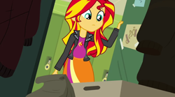 Size: 998x554 | Tagged: safe, edit, edited screencap, screencap, sunset shimmer, comic:a new change, equestria girls, rainbow rocks, clothes, jacket, leather jacket, locker, pregnant, pregnant edit, solo, teen pregnancy