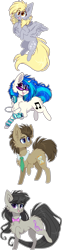 Size: 946x3800 | Tagged: safe, artist:tenebristayga, derpy hooves, dj pon-3, doctor whooves, octavia melody, vinyl scratch, earth pony, pegasus, pony, backwards cutie mark, chest fluff, chibi, female, fluffy, flying, leg warmers, mare, mp3 player, open mouth, raised hoof, simple background, smiling, time, transparent background