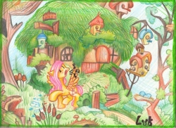 Size: 1000x729 | Tagged: safe, artist:byluk, fluttershy, pegasus, pony, fluttershy's cottage, happy, music notes, singing, solo, traditional art