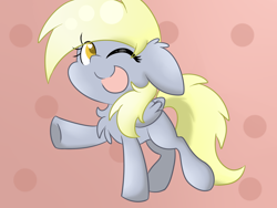 Size: 1400x1050 | Tagged: safe, artist:meowmavi, derpy hooves, chest fluff, filly, filly derpy, floppy ears, one eye closed, raised hoof, solo, wink