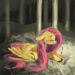 Size: 1200x1198 | Tagged: safe, artist:sterfler, fluttershy, pegasus, pony, eyes closed, floppy ears, lying, smiling, solo