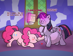 Size: 1300x1000 | Tagged: safe, artist:goodie-bag, derpibooru exclusive, pinkie pie, twilight sparkle, twilight sparkle (alicorn), alicorn, earth pony, pony, belly, big belly, blushing, book, cute, cutie mark, dialogue, door, female, heart, kicking, lesbian, levitation, magic, magic aura, magical lesbian spawn, mama twilight, mare, multiple pregnancy, offspring, paint.net, poking, preglight sparkle, pregnant, reading, shipping, smiling, talking, telekinesis, text, twilight's castle, twinkie, wings