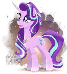 Size: 996x1100 | Tagged: safe, artist:tiffanymarsou, starlight glimmer, pony, unicorn, armband, curved horn, cutie mark, female, hair flip, hair over one eye, horn, jewelry, mare, necklace, open mouth, regalia, signature, solo