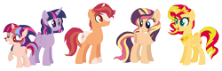 Size: 1503x478 | Tagged: safe, artist:thepegasisterpony, sunset shimmer, twilight sparkle, twilight sparkle (alicorn), oc, oc:twilight stardust, alicorn, pony, alicornified, alternate hairstyle, female, jewelry, lesbian, magical lesbian spawn, offspring, parent:sunset shimmer, parent:twilight sparkle, parents:sunsetsparkle, race swap, regalia, shimmercorn, shipping, simple background, sunsetsparkle, transparent background