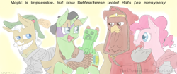 Size: 1024x430 | Tagged: safe, artist:taritoons, apple strudel, pinkie pie, oc, oc:buttercheese, oc:thunder riff, earth pony, pony, adventuring party, apple family member, baldur's gate, crossover, dungeons and dragons, edwin, forgotten realms, minsc