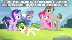 Size: 888x499 | Tagged: safe, edit, edited screencap, screencap, maud pie, mudbriar, pinkie pie, pistachio, starlight glimmer, earth pony, pony, best gift ever, the maud couple, caption, image macro, meme, text, wat