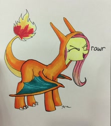 Size: 1068x1208 | Tagged: safe, artist:catscratchpaper, fluttershy, pegasus, pony, charizard, clothes, costume, pokémon, rawr, solo, traditional art