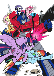 Size: 2001x2850 | Tagged: safe, artist:edcom02, artist:krynos79, derpibooru import, applejack, fluttershy, pinkie pie, rainbow dash, rarity, twilight sparkle, twilight sparkle (alicorn), alicorn, earth pony, pegasus, pony, unicorn, colored, crossover, female, mane six, mare, optimus prime, simple background, transformers, transparent background