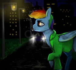 Size: 933x857 | Tagged: safe, artist:poniebones, derpibooru import, rainbow dash, pegasus, pony, cigarette, city, clothes, night, smoking, solo