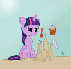 Size: 1630x1577 | Tagged: safe, artist:archendio, derpibooru import, twilight sparkle, unicorn twilight, unicorn, beach, bucket, flag, magic, measuring, ruler, sand, sandcastle, solo, spade