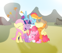 Size: 1975x1702 | Tagged: safe, artist:mr-degration, derpibooru import, applejack, fluttershy, pinkie pie, rainbow dash, rarity, twilight sparkle, earth pony, pegasus, pony, unicorn, the cutie map, cowboy hat, cute, eyes closed, female, group, group hug, hat, hug, mane six, mare, open mouth, outdoors, smiling, stetson