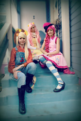 Size: 3265x4898 | Tagged: safe, artist:sewingintherain, applejack, fluttershy, pinkie pie, human, clothes, cosplay, irl, irl human, overalls, photo, socks, striped socks