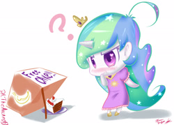 Size: 2100x1500 | Tagged: safe, artist:thearcano13, princess celestia, human, blushing, box, cake, cakelestia, chibi, clothes, confused, cute, dress, frilly dress, horned humanization, humanized, question mark, simple background, solo, trap (device), white background