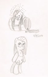 Size: 706x1130 | Tagged: safe, artist:mane-shaker, pinkie pie, earth pony, pony, barrel, bipedal, cider, drunk, happy, looking at you, monochrome, pinkamena diane pie, sketch, traditional art