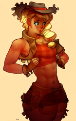 Size: 1197x1920 | Tagged: safe, artist:yunni-yunni, applejack, human, abs, armpits, belly button, humanized, midriff, solo, wide hips