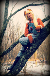 Size: 3265x4898 | Tagged: safe, artist:sewingintherain, applejack, human, cosplay, irl, irl human, mittens, overalls, photo, solo, tree