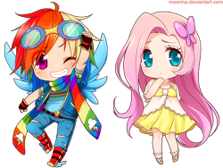 Size: 600x450 | Tagged: safe, artist:moorina, derpibooru import, fluttershy, rainbow dash, human, chibi, clothes, dress, humanized, simple background, transparent background