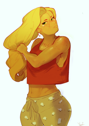 Size: 500x706 | Tagged: safe, artist:yunni-yunni, applejack, human, belly button, clothes, humanized, loose hair, midriff, pajamas, solo, wide hips