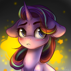 Size: 729x727 | Tagged: safe, artist:falafeljake, starlight glimmer, pony, unicorn, abstract background, blushing, bust, cute, ear fluff, eyebrows, female, floppy ears, fluffy, glimmerbetes, glow, lip bite, looking at you, mare, portrait, sitting, solo, stars