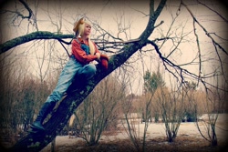 Size: 1600x1067 | Tagged: safe, artist:sewingintherain, applejack, human, boots, cosplay, irl, irl human, overalls, photo, solo, tree