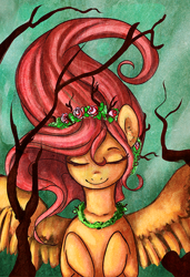 Size: 500x731 | Tagged: safe, artist:inkeed, fluttershy, pegasus, pony, eyes closed, flower, solo, spread wings