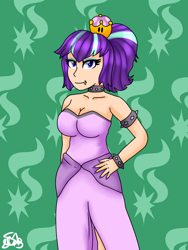Size: 1500x2000 | Tagged: safe, artist:spokenmind93, starlight glimmer, human, armband, bowsette, bracelet, choker, clothes, crossover, crown, cutie mark, dress, fangs, humanized, jewelry, makeup, new super mario bros., new super mario bros. u deluxe, nintendo, ponytail, princess starlight glimmer, regalia, simple background, super crown, super mario bros.