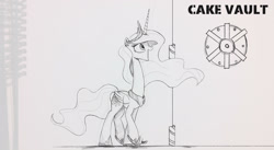 Size: 3000x1644 | Tagged: safe, artist:ncmares, princess celestia, alicorn, pony, ask majesty incarnate, cake, cakelestia, long neck, monochrome, necc, solo