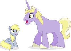 Size: 2020x1447 | Tagged: safe, artist:punzil504, derpy hooves, dinky hooves, pegasus, pony, unicorn, blank flank, eye contact, female, horn, looking at each other, looking up, mare, open mouth, simple background, sitting, smiling, transparent background, unshorn fetlocks, vector, what has magic done, wide eyes