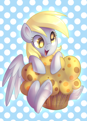 Size: 3000x4200 | Tagged: safe, artist:drawntildawn, derpy hooves, pegasus, pony, absurd resolution, cute, food, happy, muffin, open mouth, polka dots, smiling, solo, watermark