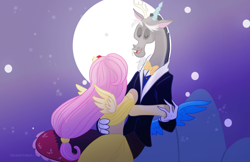 Size: 1024x665 | Tagged: safe, artist:morgwaine, discord, fluttershy, anthro, fanfic:bride of discord, discoshy, female, male, shipping, straight