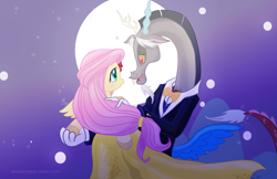 Size: 1024x665 | Tagged: safe, artist:morgwaine, discord, fluttershy, pegasus, pony, fanfic:bride of discord, discoshy, female, male, shipping, straight