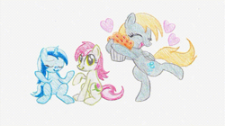 Size: 640x359 | Tagged: safe, derpy hooves, minuette, roseluck, pegasus, pony, female, food, heart, mare, muffin, shrug, traditional art