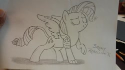 Size: 1024x576 | Tagged: safe, artist:deon miller, rarity, hippogriff, pony, unicorn, grifflingized, monochrome, solo, traditional art