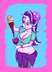 Size: 1488x2048 | Tagged: safe, artist:marches45, starlight glimmer, human, plantigrade anthro, beanie, belly button, bottle, breasts, cleavage, clothes, crunk, drink, female, glim glam, hat, hips, hoodie, horned humanization, humanized, juice, midriff, short shirt, smiling, solo, starlight jiggler, watch, wristwatch