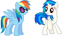 Size: 4312x2527 | Tagged: safe, artist:shelmo69, derpibooru import, dj pon-3, rainbow dash, vinyl scratch, pegasus, pony, unicorn, accessory swap, cutie mark, female, hooves, horn, mare, missing accessory, red eyes, simple background, smiling, spread wings, sunglasses, teeth, transparent background, vector, wings, wrong eye color