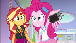 Size: 1280x720 | Tagged: safe, edit, edited screencap, screencap, pinkie pie, sunset shimmer, a fine line, better together, equestria girls, balloon, beetle bonder, beetleborgs, big bad beetleborgs, bow, canterlot mall, clothes, female, geode of empathy, geode of sugar bombs, hair bow, jacket, leather jacket, looking at you, magical geodes, pinkie pie holding things, red striker borg, smiling