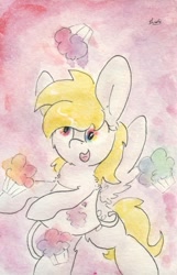 Size: 683x1061 | Tagged: safe, artist:slightlyshade, derpy hooves, pegasus, pony, apron, clothes, female, food, high, mare, muffin, solo