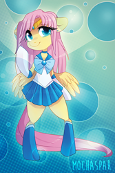 Size: 400x600 | Tagged: safe, artist:mochaspar, fluttershy, pony, bipedal, cosplay, sailor mercury, sailor moon, solo