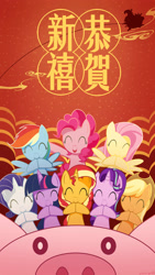 Size: 1440x2560 | Tagged: safe, artist:jeremywithlove, applejack, fluttershy, pinkie pie, rainbow dash, rarity, starlight glimmer, sunset shimmer, twilight sparkle, earth pony, pegasus, pig, pony, unicorn, chinese, chinese new year, cute, eyes closed, female, mane eight, mane six, mare, open mouth, smiling, year of the pig