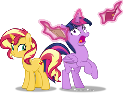 Size: 6443x4877 | Tagged: safe, artist:vector-brony, sunset shimmer, twilight sparkle, twilight sparkle (alicorn), alicorn, pony, unicorn, better together, forgotten friendship, absurd resolution, book, cute, female, freakout, levitation, magic, mare, open mouth, rearing, screaming, shimmerbetes, simple background, smiling, telekinesis, that pony sure does love books, tongue out, transparent background